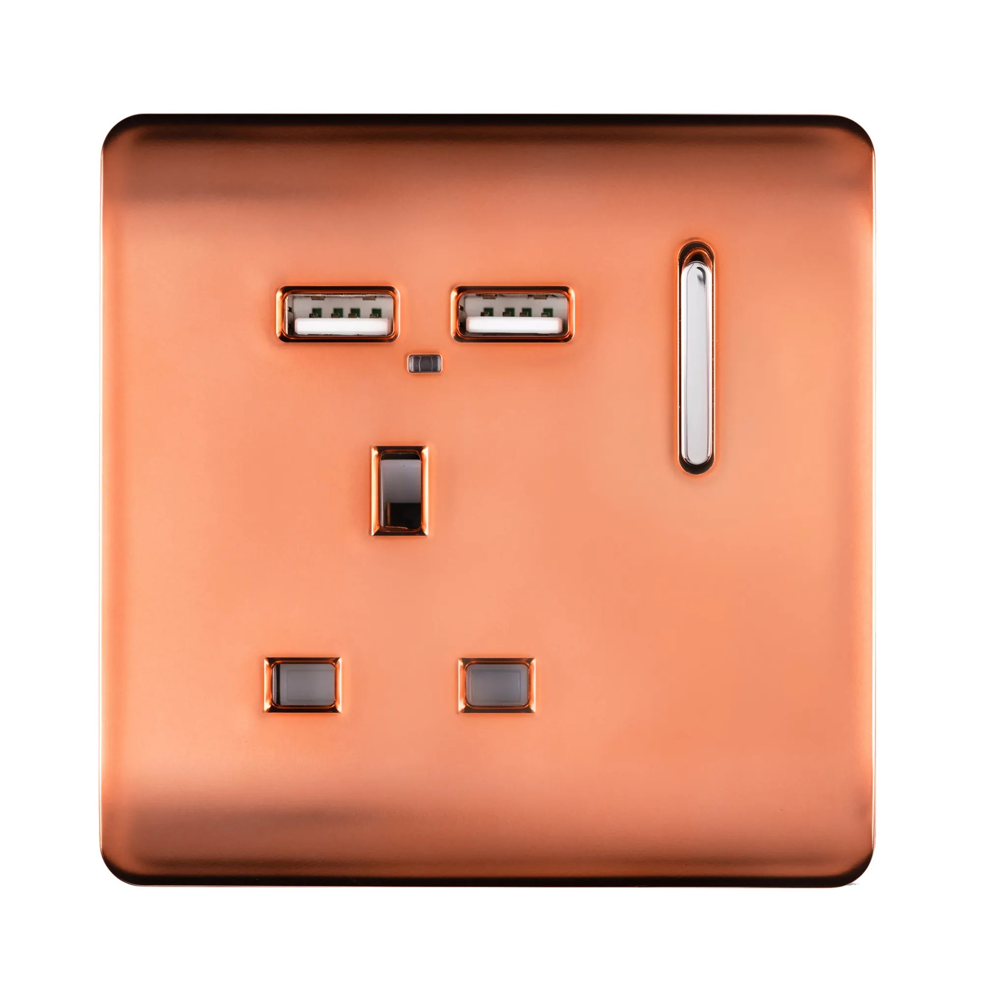 1 Gang 13Amp Switched Single Socket With 2 x USB Copper